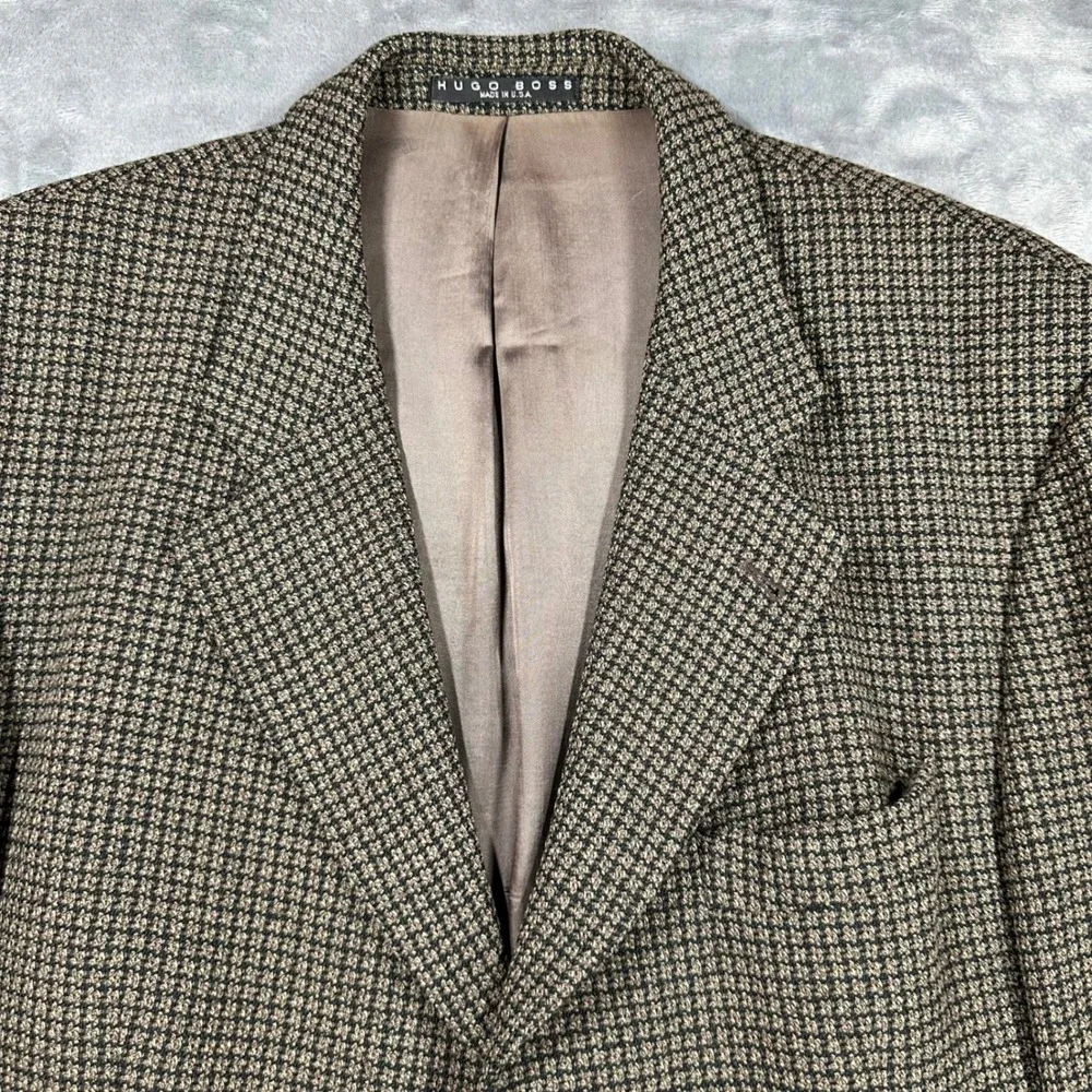 Hugo Boss Poseidon Blazer Mens 46R Brown Green Wool Micro Check Sport Coat